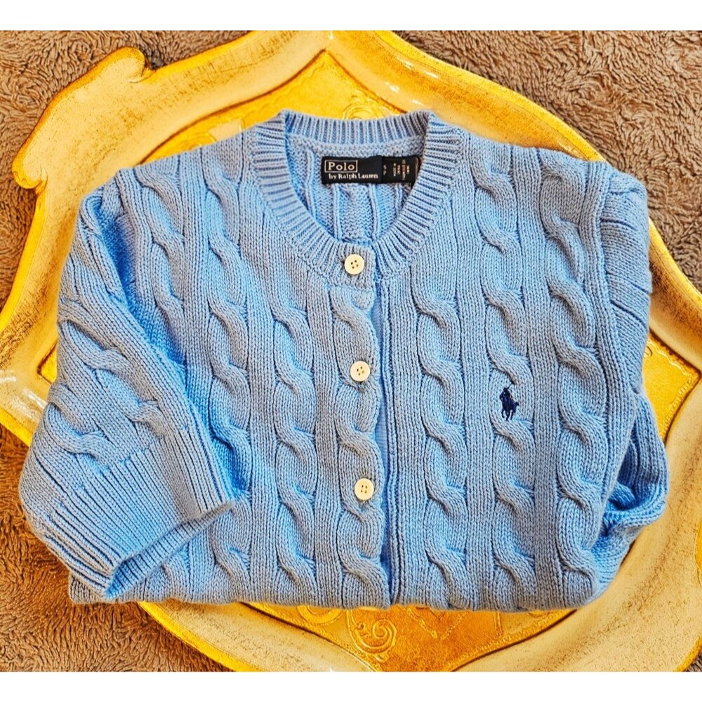 POLO Ralph Lauren Cable-Knit Cotton Short-Sleeve Cardigan, Blue, S, NWT - Picture 1 of 16